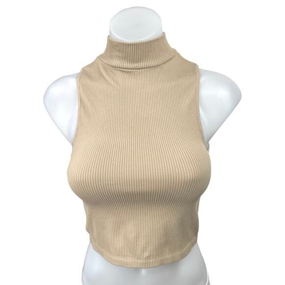 Zara Women's Beige Rib Knit Mock Neck Sleeveless Pullover Crop Tank Top Size M/L - Picture 1 of 4